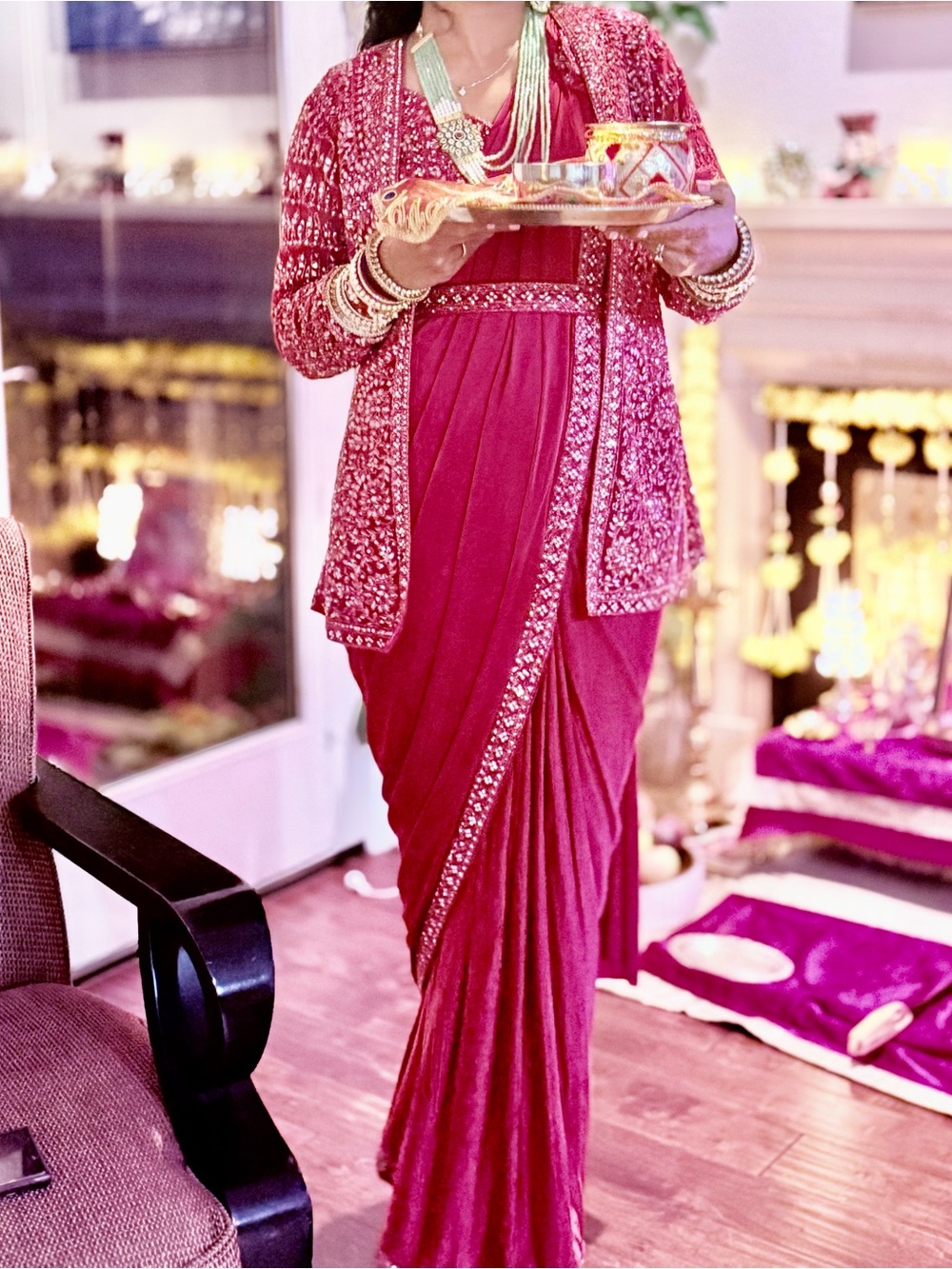 Embroidered Deep Pink Saree with Matching Jacket